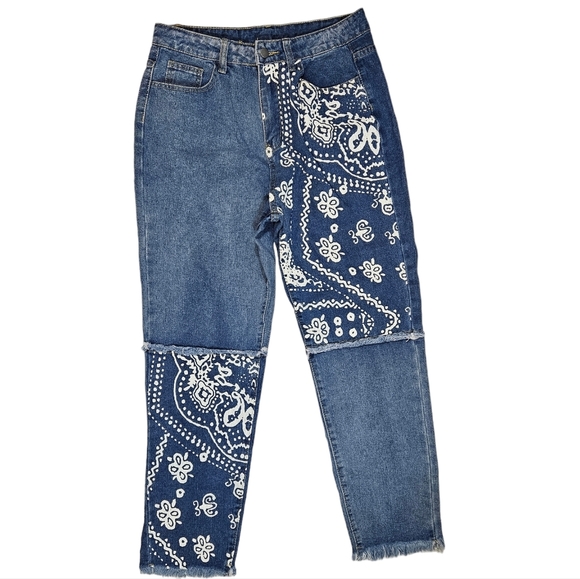 Paisley Print Patchwork Jeans Size Large Raw Hem Colorblock Denim Straight Leg - Picture 5 of 16